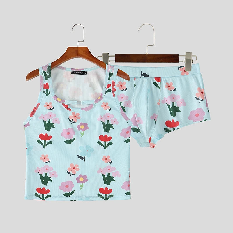 INCERUN Men's Sets Flower Printing Summer Homewear Sleeveless Tank Tops Shorts Two Piece Sets 2026 Casual Unisex Matching Sets