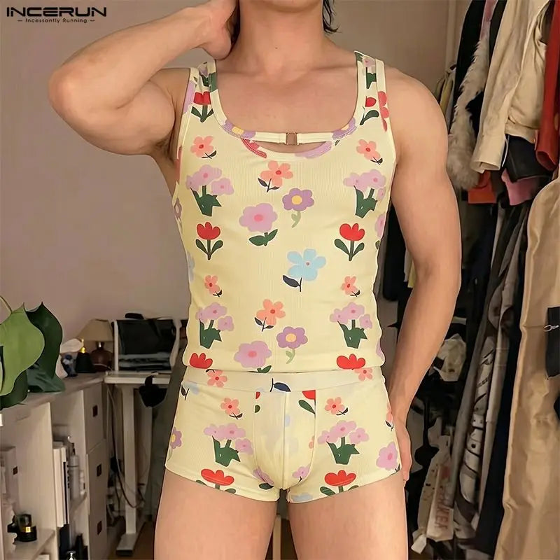 INCERUN Men's Sets Flower Printing Summer Homewear Sleeveless Tank Tops Shorts Two Piece Sets 2026 Casual Unisex Matching Sets