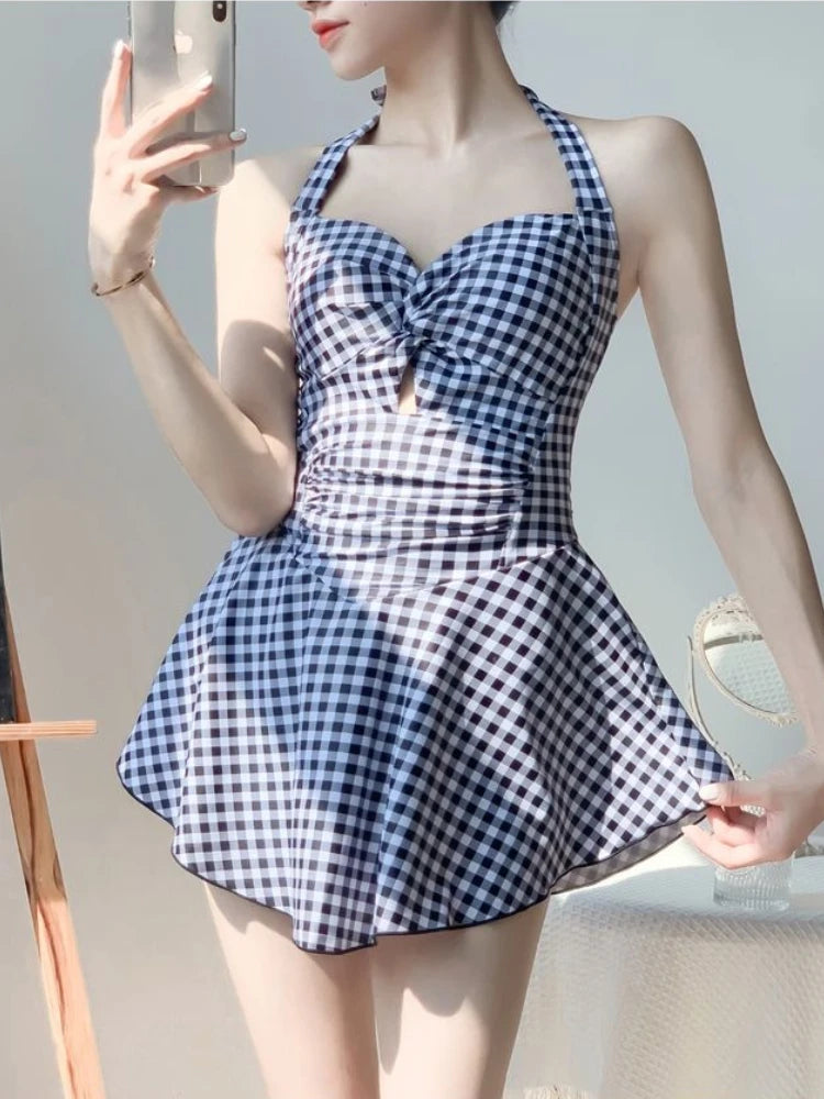 Women's Plaid Lace-Up Skirted Swimsuit