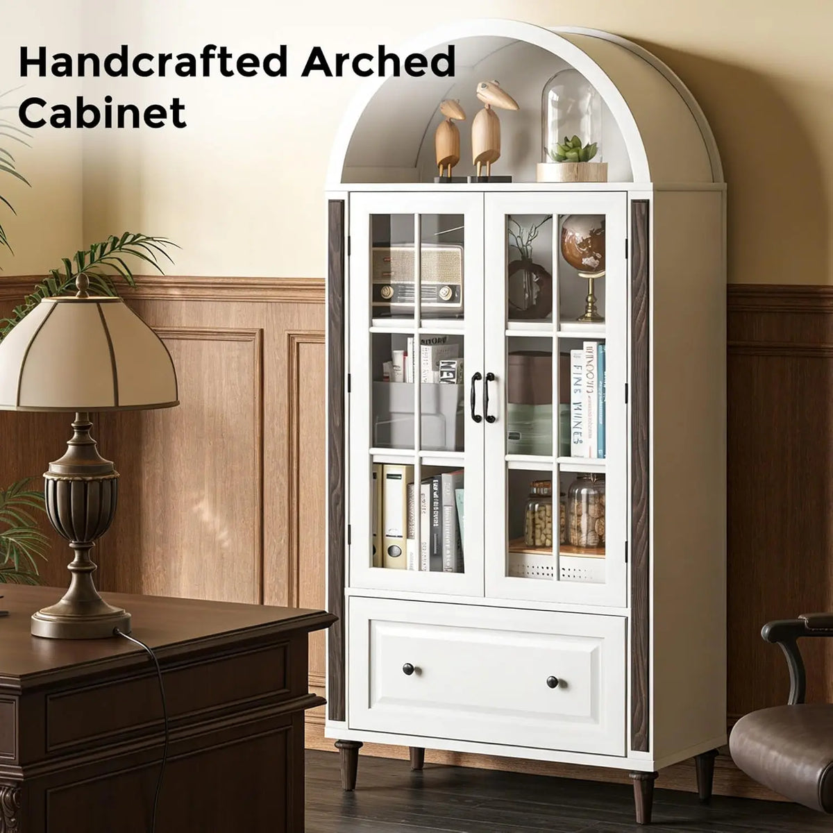 71” Handcrafted Arched Bookcase, Filing Cabinet for Home Office, Wooden Display Cabinet with Glass Doors , Customized