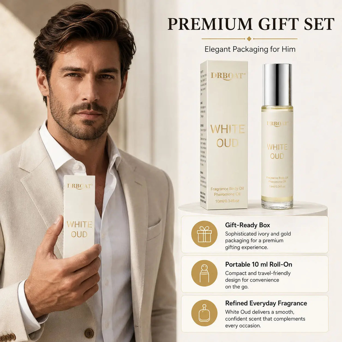 Men Roll-on Perfume Oil,Fresh Citrus White Oud Woody,Alcohol-Free Long Lasting Scent,Portable Pocket Travel Fragrance Gift