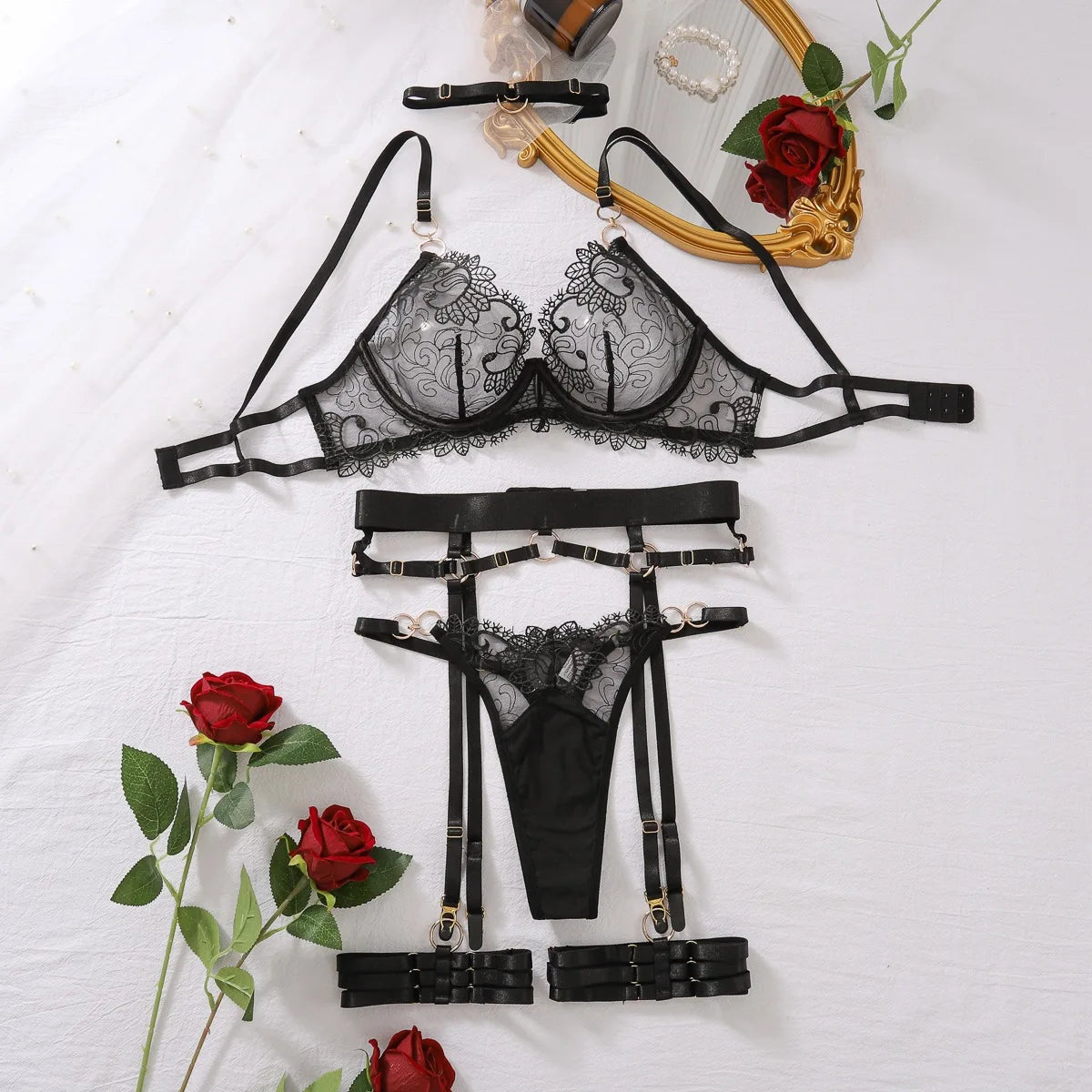 Women's Black Floral Lace Set