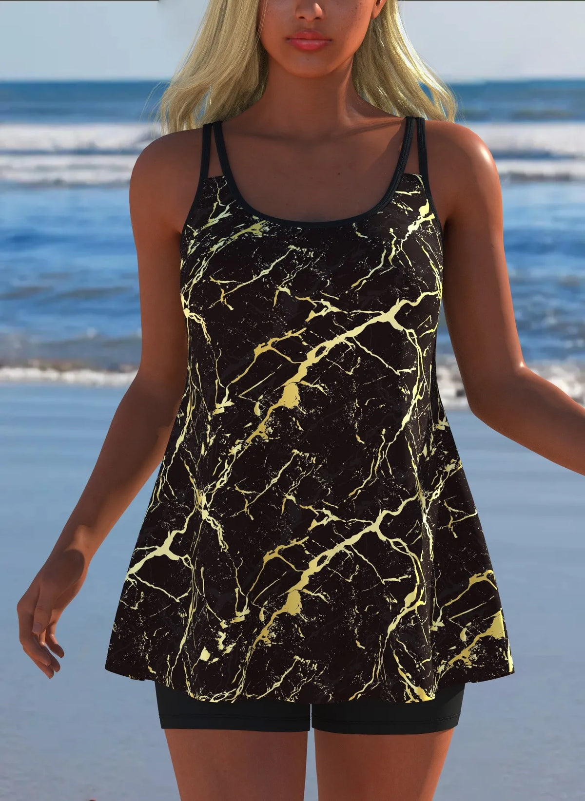 Women's Black & White Print Tankini