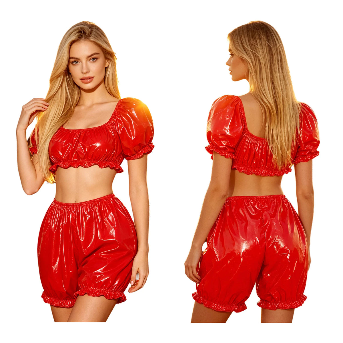 Women's Ruffled Vinyl-Look Crop Top & Bloomers Set