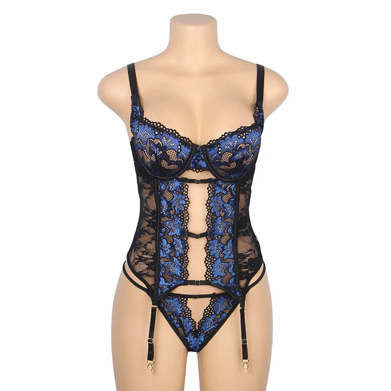 Comeondear Women's Blue Lace Teddy & Garter Lingerie