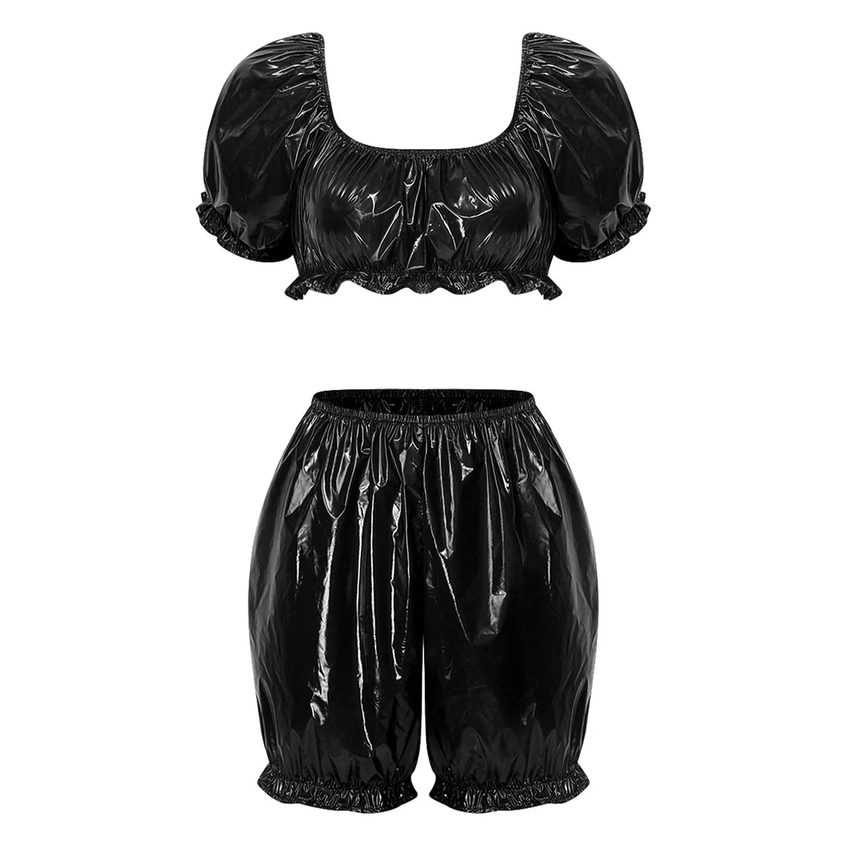 Women's Wet-Look Ruffle Crop Top & Shorts Set