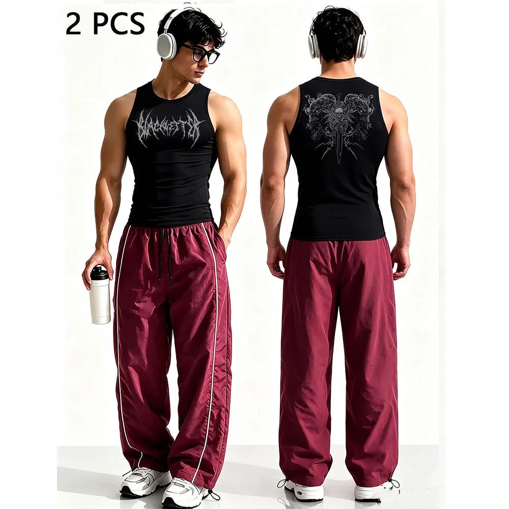 Men Gothic Style 2Pcs Outfit Graphic Sleeveless Tank Top Side Striped Loose Trousers Gym Street Casual Tracksuit