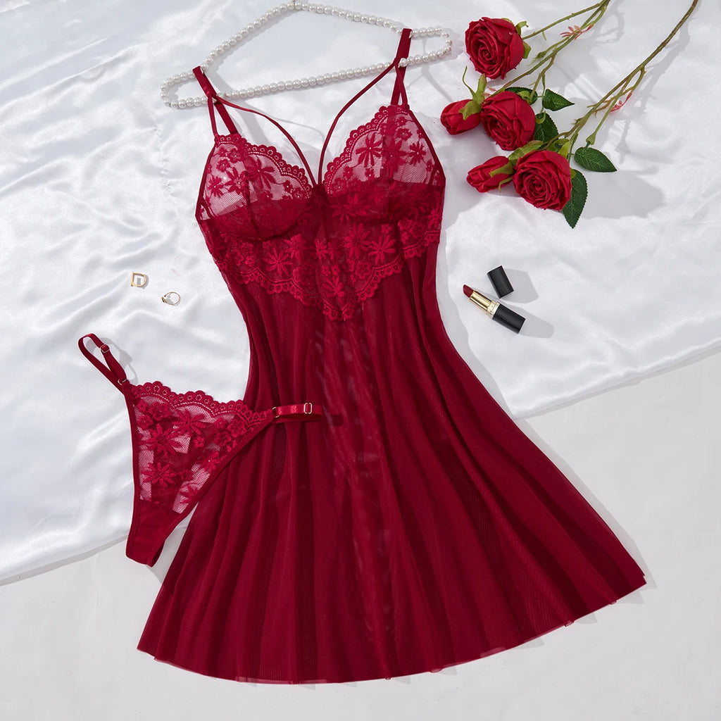 Wine Red Floral Lace Babydoll & Thong Set