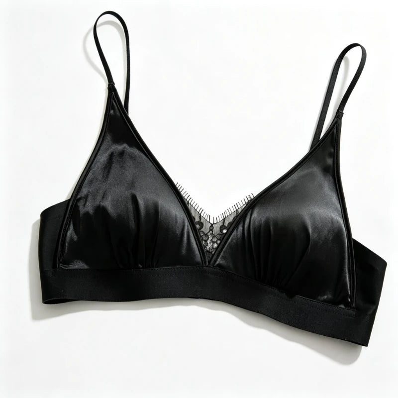 YANFENPRO Satin Deep V Bralette For Women Triangle Cup Lace Lightweight Push Up Side Smoothing Anti Sagging Small Bust Wear
