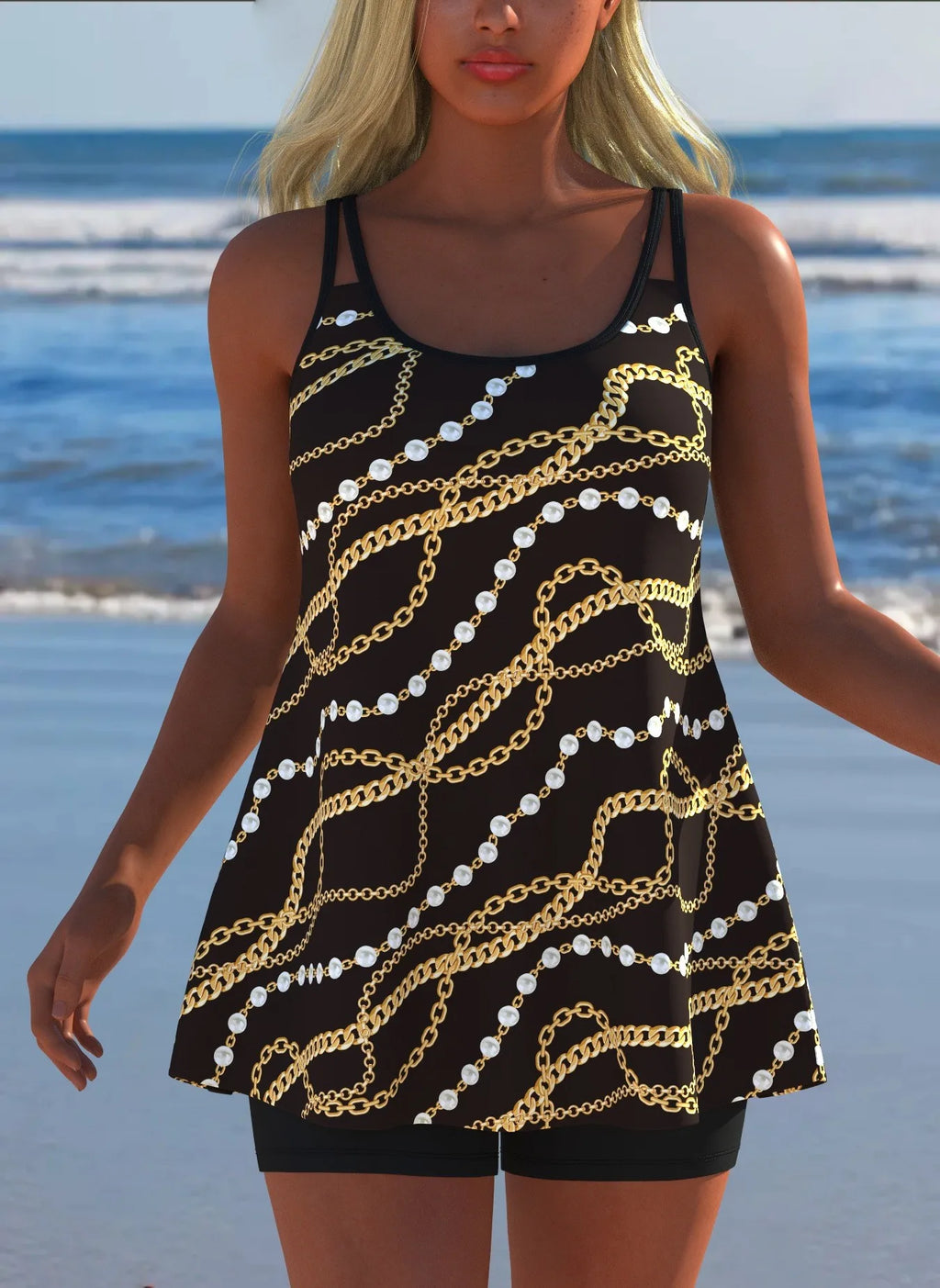 Women's Black & White Print Tankini
