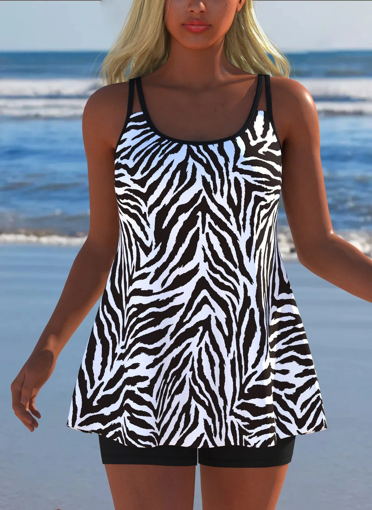 Women's Black & White Print Tankini