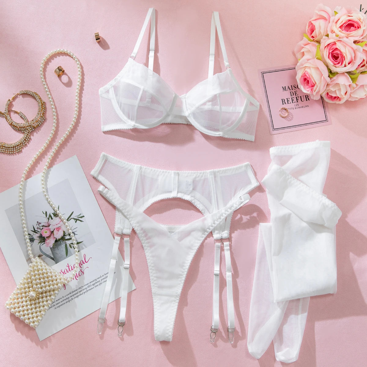 Women's White Sheer Four-Piece Set