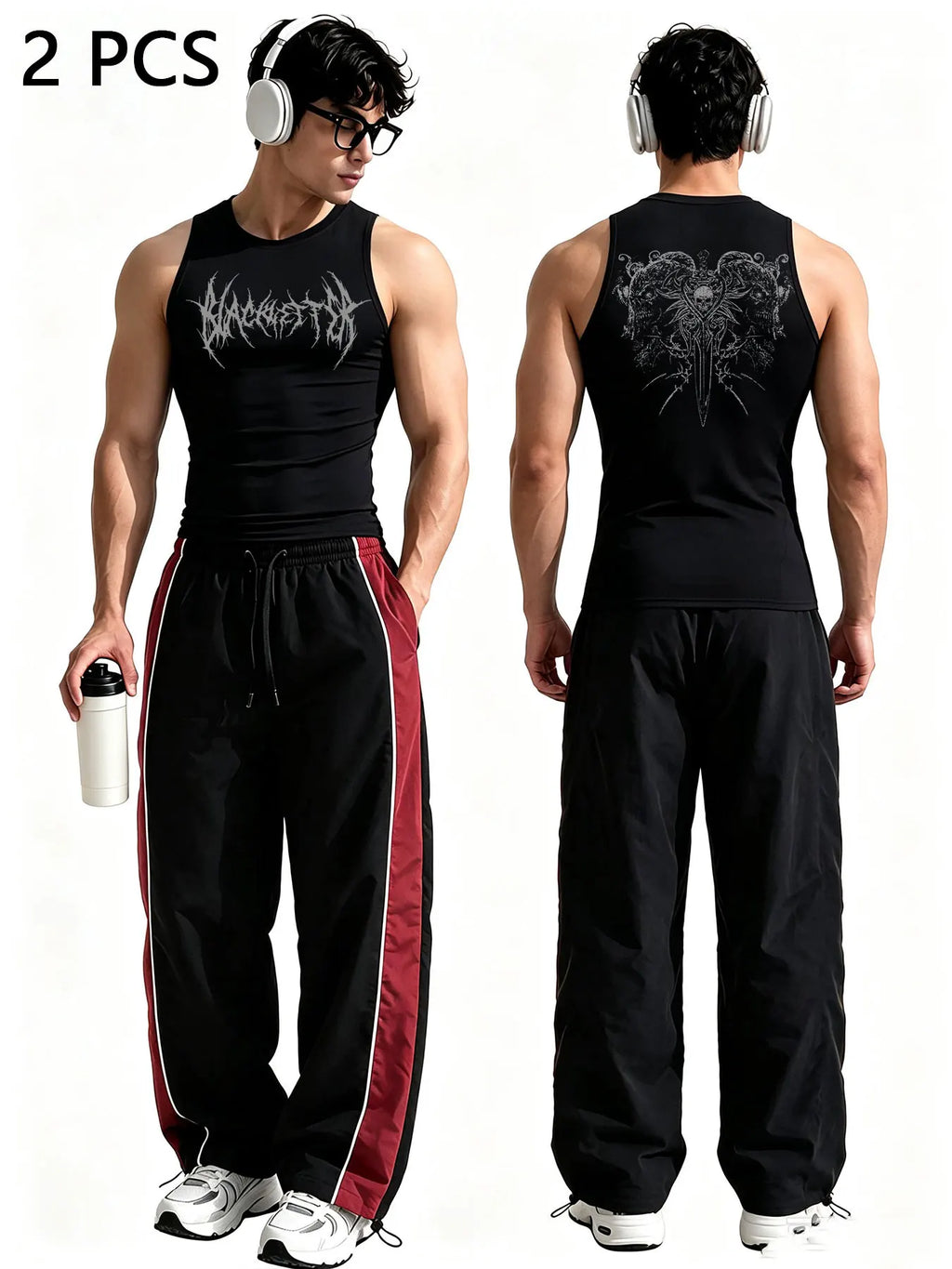 Men Gothic Style 2Pcs Outfit Graphic Sleeveless Tank Top Side Striped Loose Trousers Gym Street Casual Tracksuit