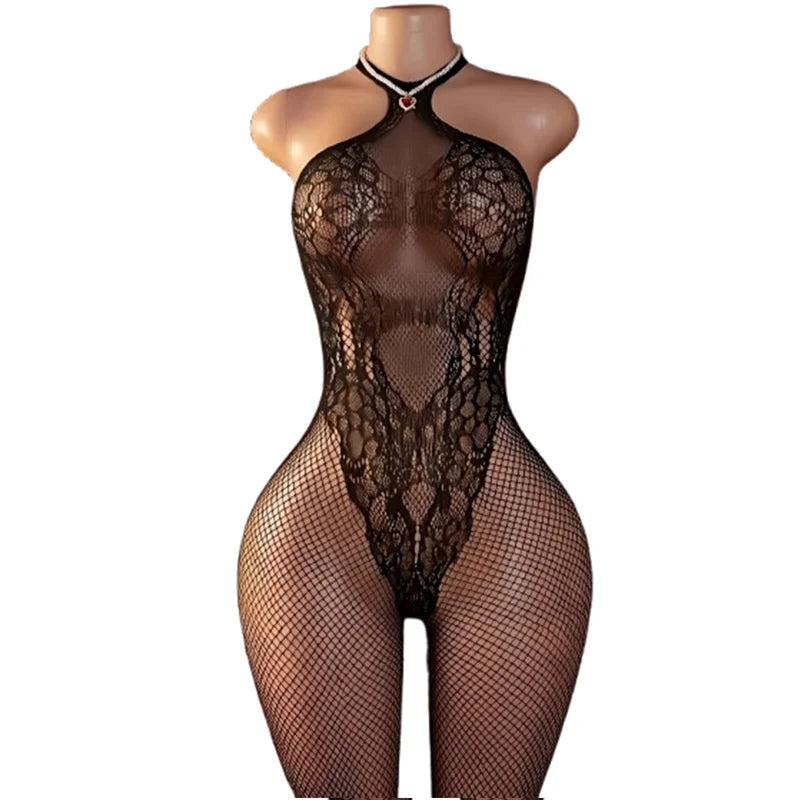 1-Piece Halter-Neck Fishnet Bodysuit – Lace-Trimmed, Sheer, Open-Crotch Design (Perfect for Honeymoons & Romantic Dates)