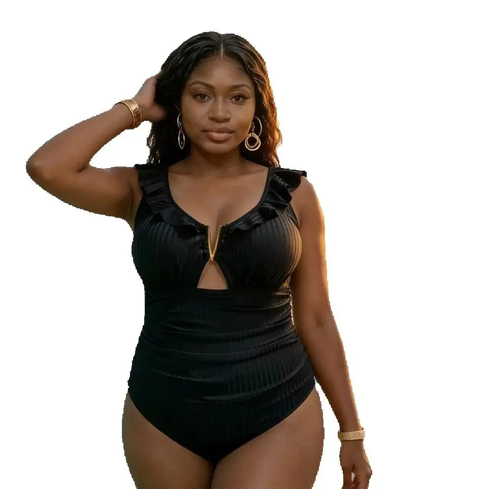 Plus-Size Ruffle V-Neck Cutout One-Piece Swimsuit