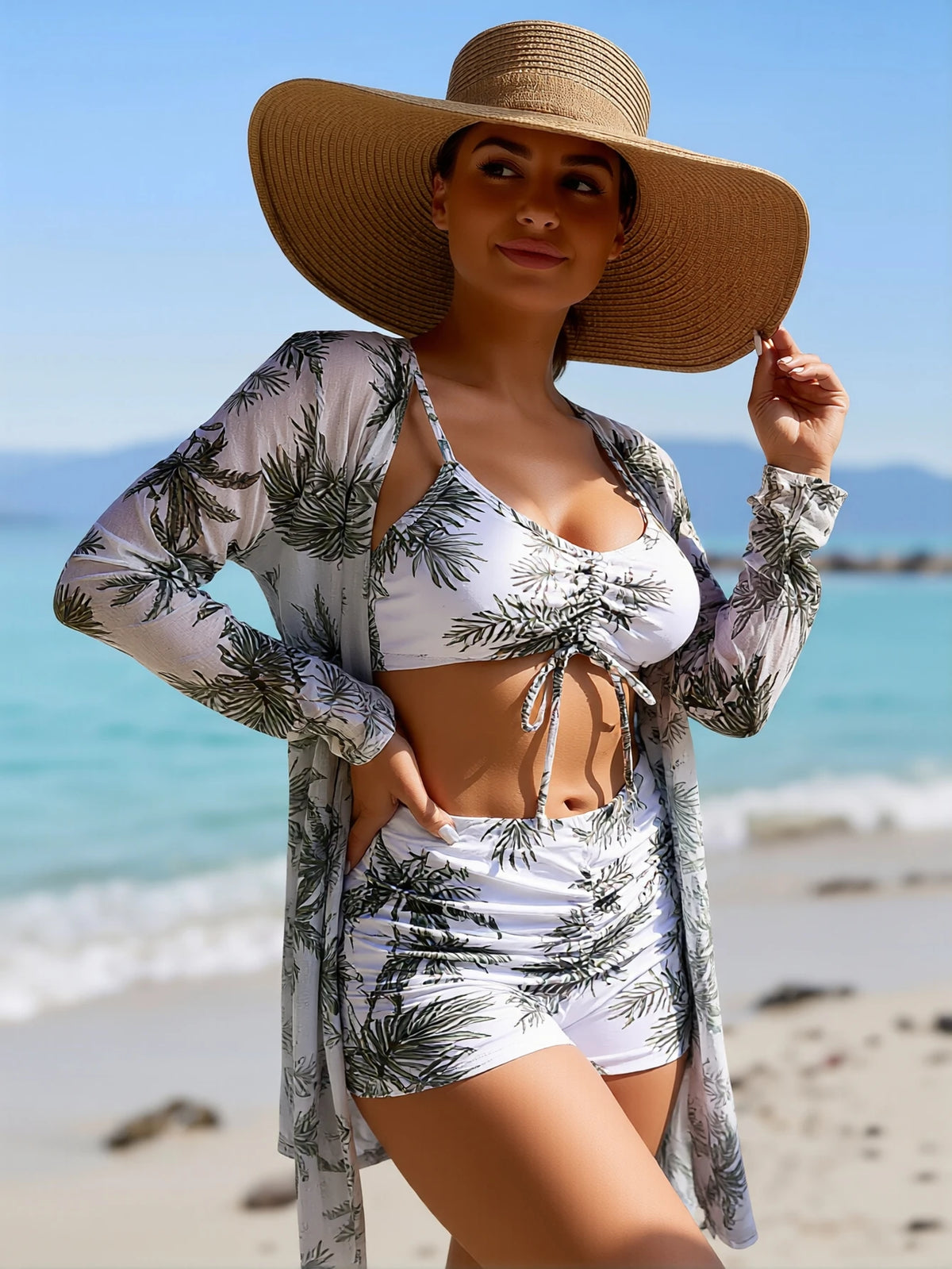 Pink Swirl Print Bikini, Shorts & Kimono Set