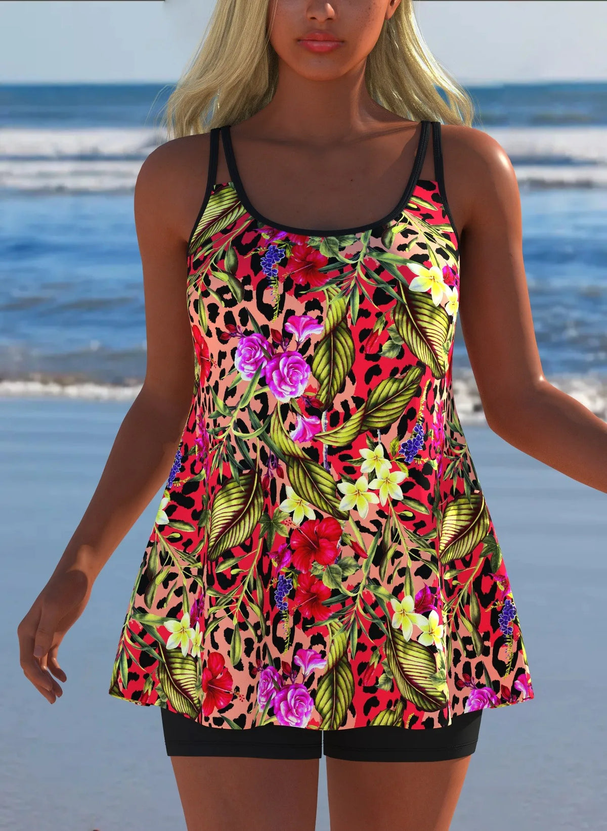 Women's Black & White Print Tankini