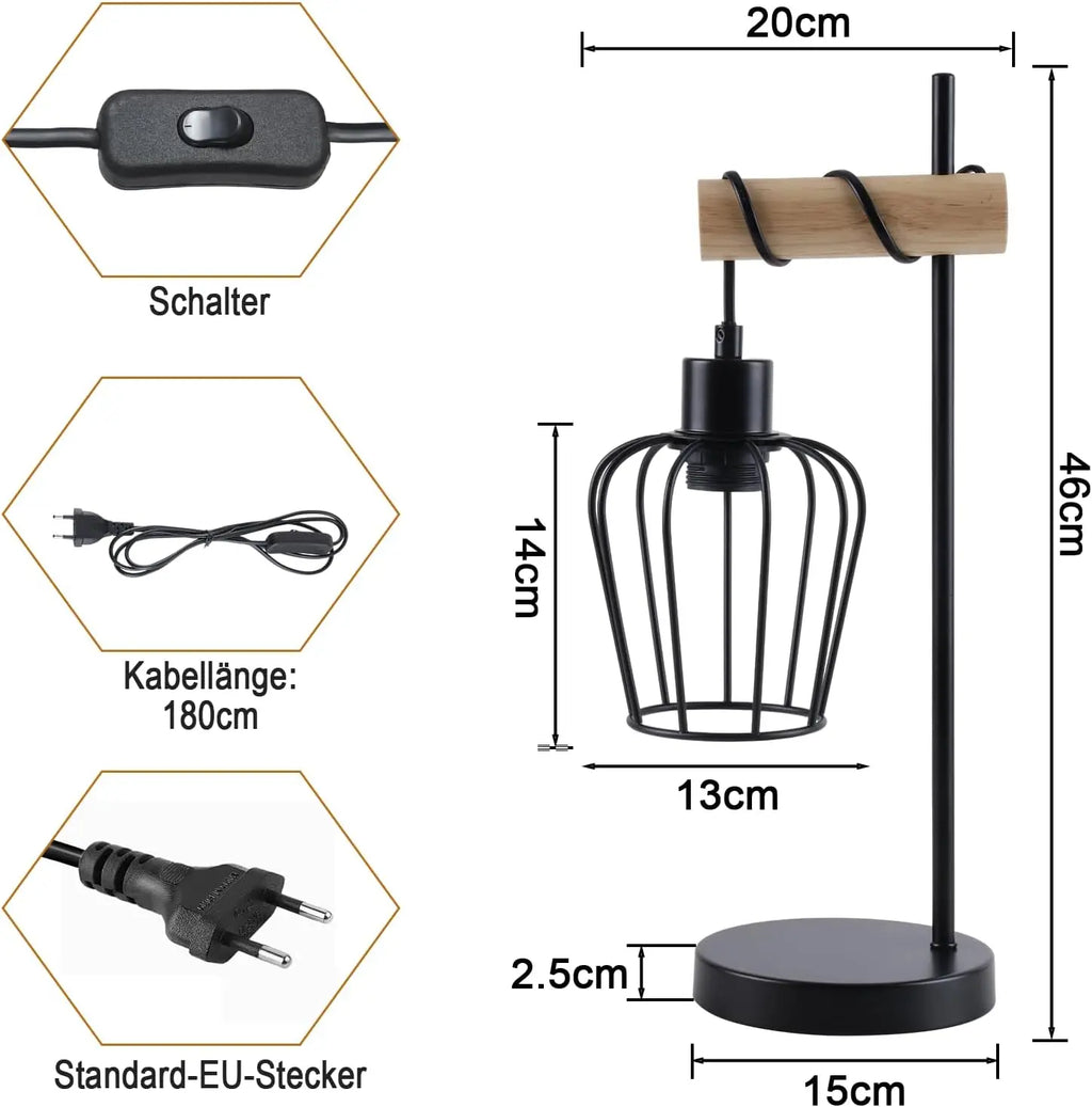 Table lamp living room wood table lamp vintage: black bedside lamp, single-bulb industrial design made of metal, E27 socket, retro bedside lamp for bedroom and hotel – bulb not included