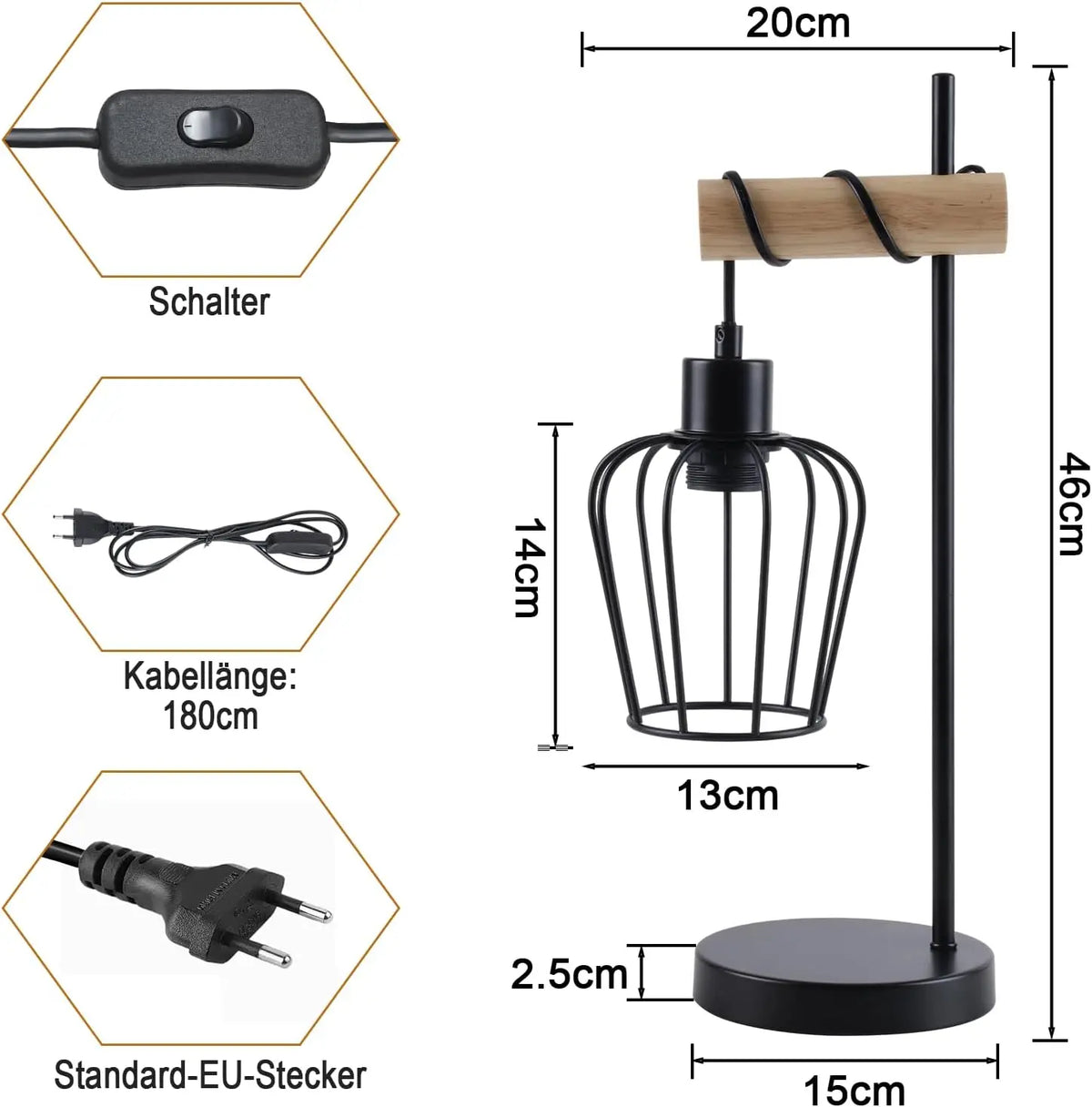 Table lamp living room wood table lamp vintage: black bedside lamp, single-bulb industrial design made of metal, E27 socket, retro bedside lamp for bedroom and hotel – bulb not included
