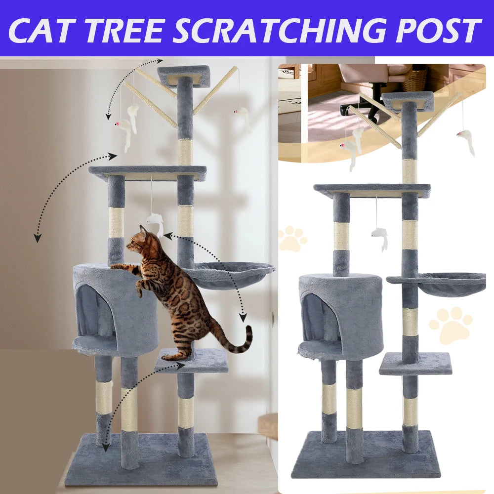 138cm Cat Tree Tower Scratching Posts Multilevel Cat Climbing House with Condos & Ladder Pet Activity Centre for for Indoor Cats Play and Rest, Dark Grey