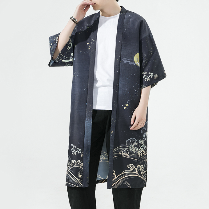 Men's Crane Print Long Cardigan