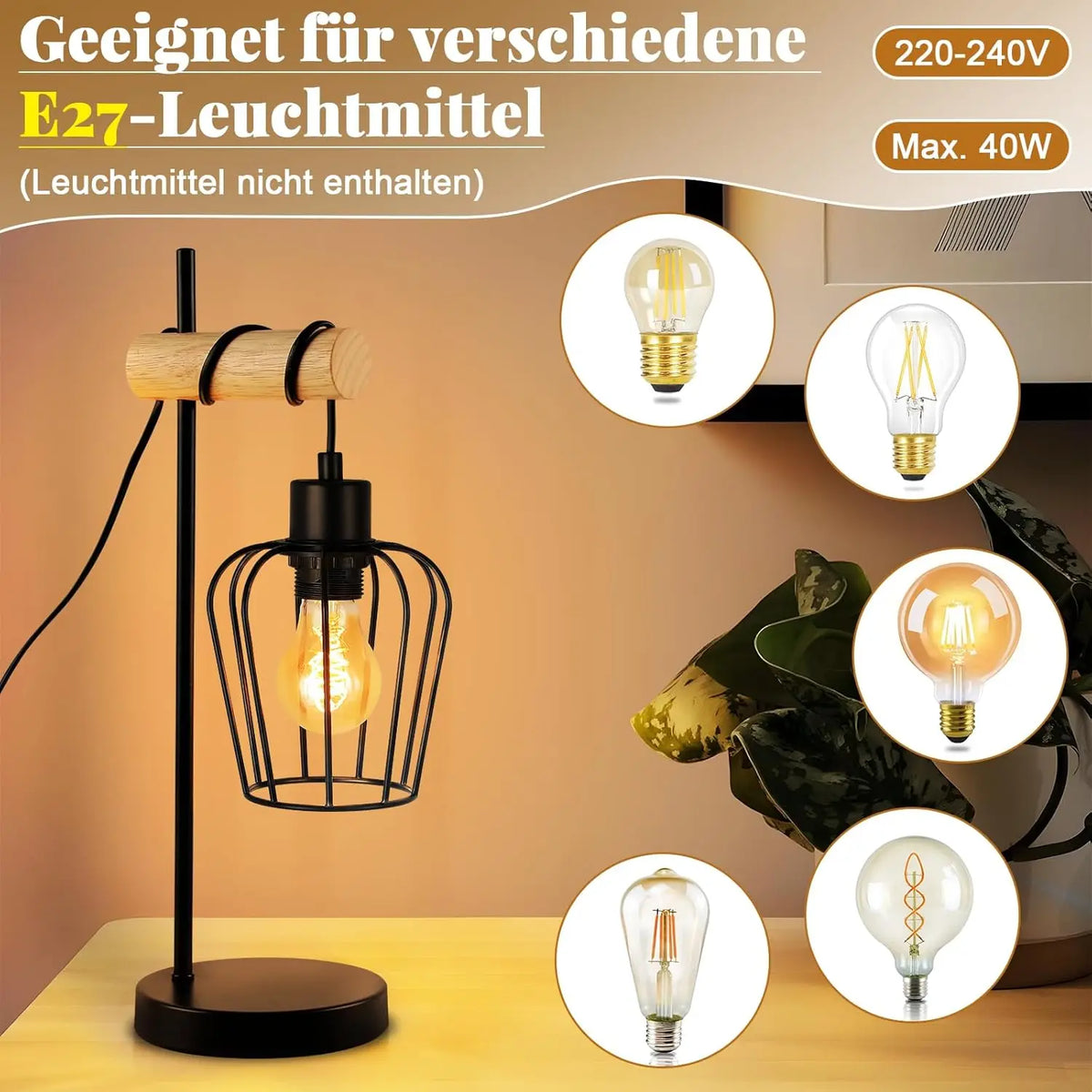Table lamp living room wood table lamp vintage: black bedside lamp, single-bulb industrial design made of metal, E27 socket, retro bedside lamp for bedroom and hotel – bulb not included