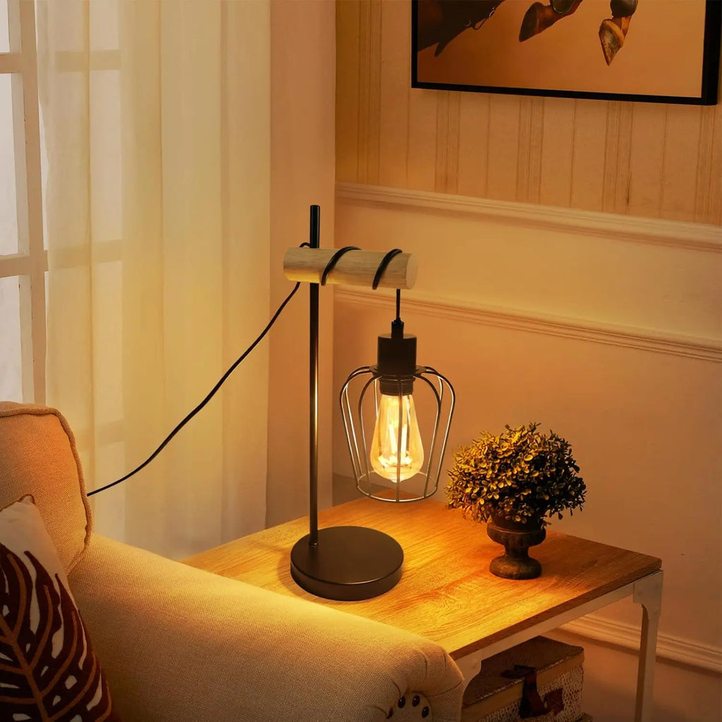 Table lamp living room wood table lamp vintage: black bedside lamp, single-bulb industrial design made of metal, E27 socket, retro bedside lamp for bedroom and hotel – bulb not included