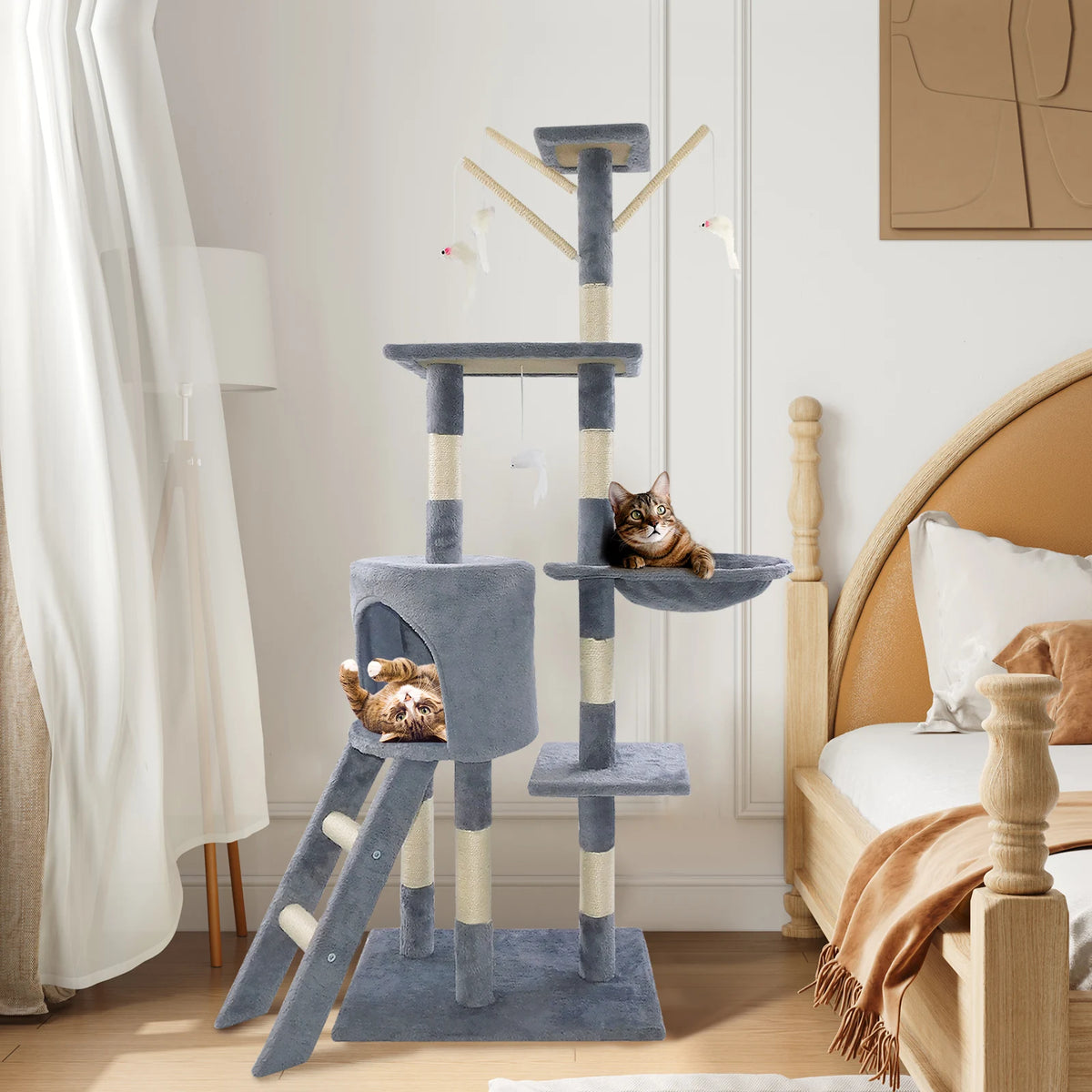 138cm Cat Tree Tower Scratching Posts Multilevel Cat Climbing House with Condos & Ladder Pet Activity Centre for for Indoor Cats Play and Rest, Dark Grey