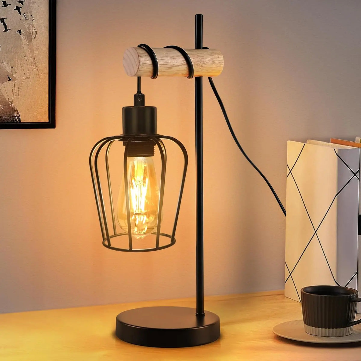 Table lamp living room wood table lamp vintage: black bedside lamp, single-bulb industrial design made of metal, E27 socket, retro bedside lamp for bedroom and hotel – bulb not included