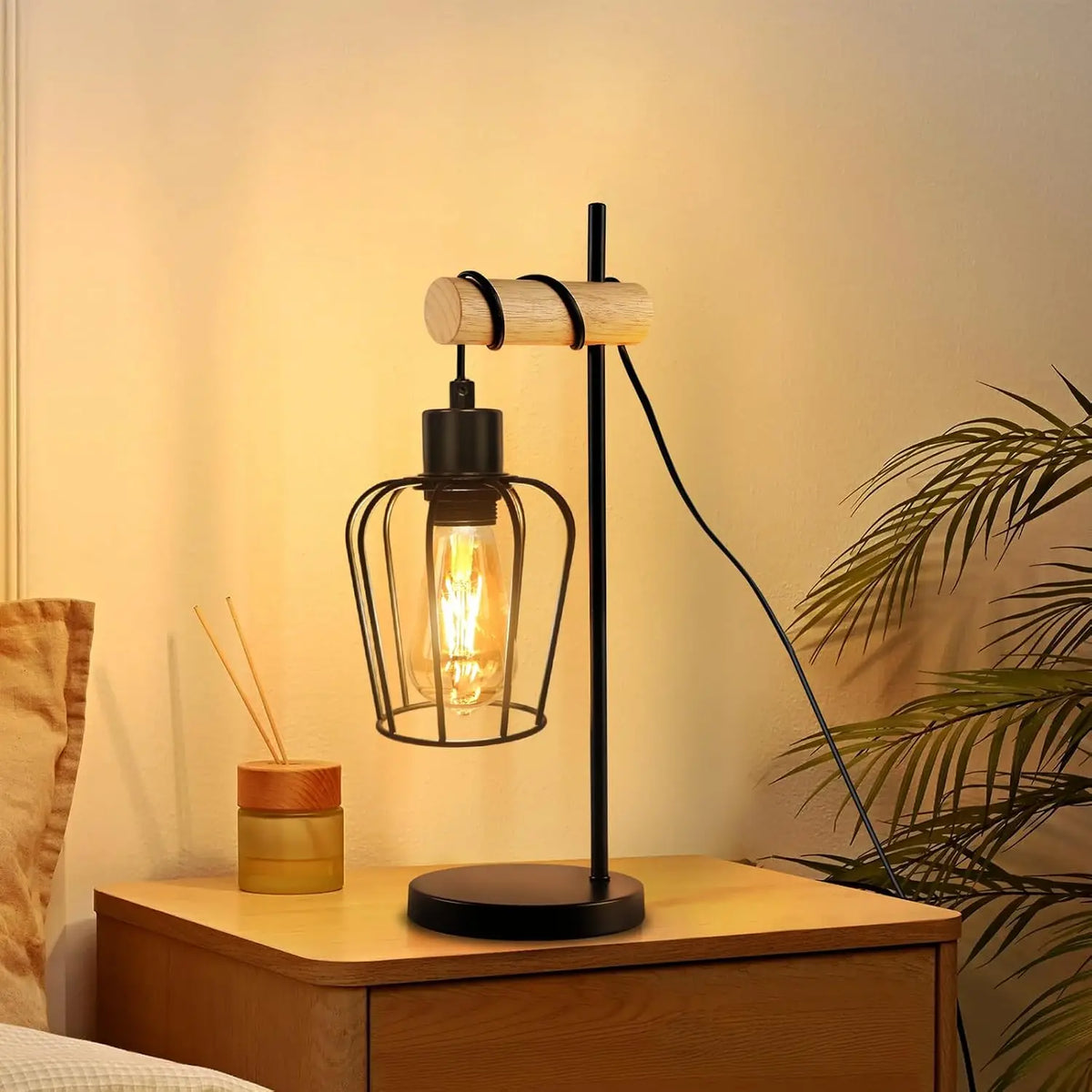 Table lamp living room wood table lamp vintage: black bedside lamp, single-bulb industrial design made of metal, E27 socket, retro bedside lamp for bedroom and hotel – bulb not included