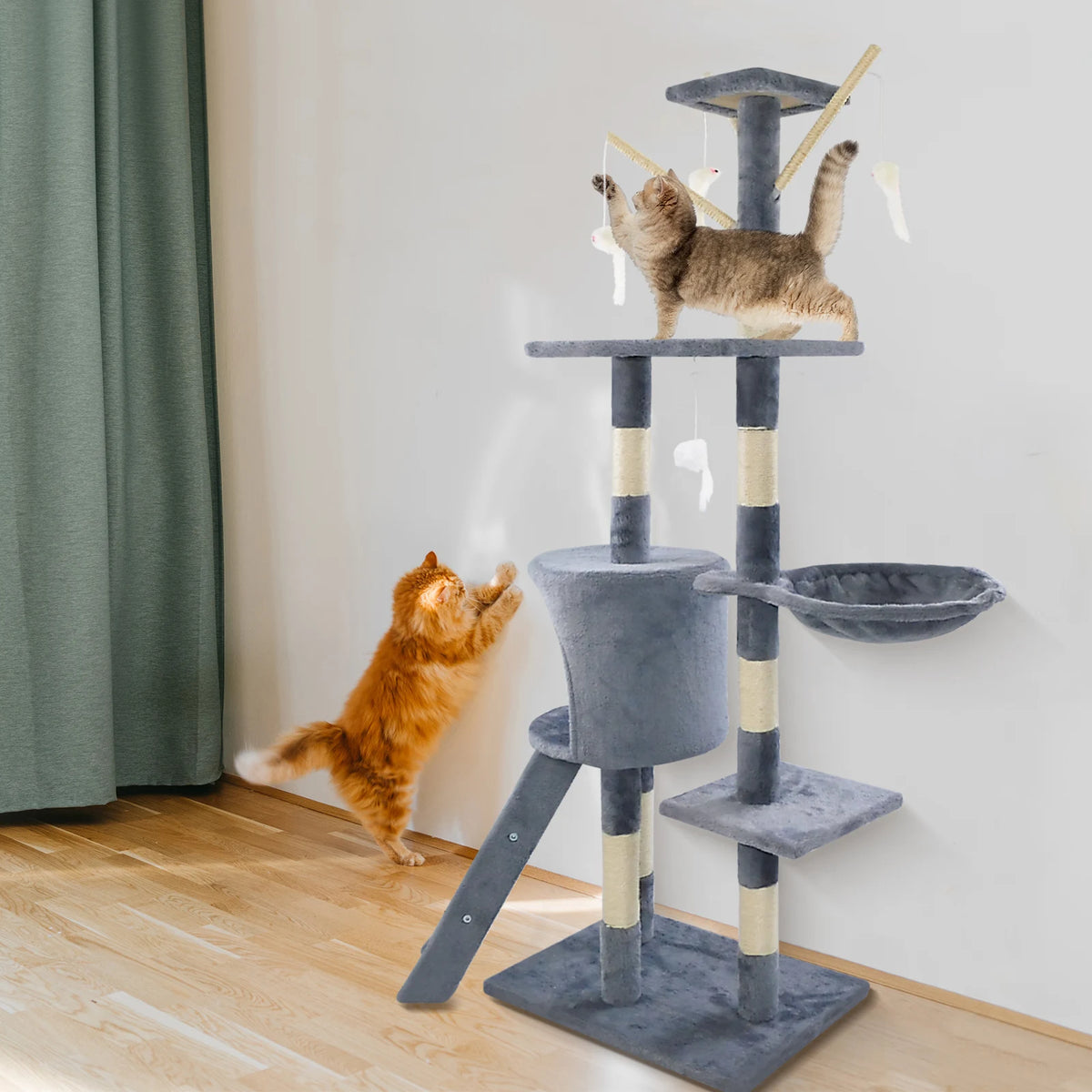 138cm Cat Tree Tower Scratching Posts Multilevel Cat Climbing House with Condos & Ladder Pet Activity Centre for for Indoor Cats Play and Rest, Dark Grey