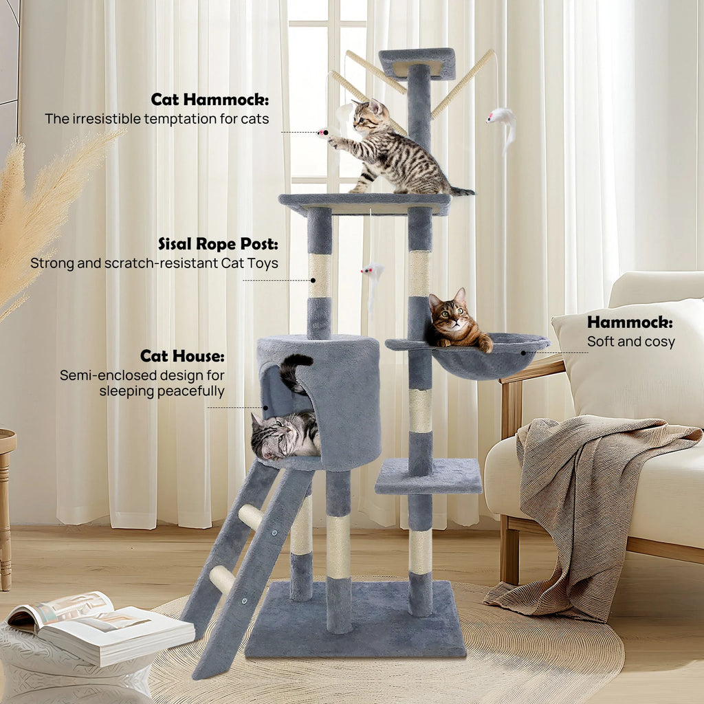 138cm Cat Tree Tower Scratching Posts Multilevel Cat Climbing House with Condos & Ladder Pet Activity Centre for for Indoor Cats Play and Rest, Dark Grey