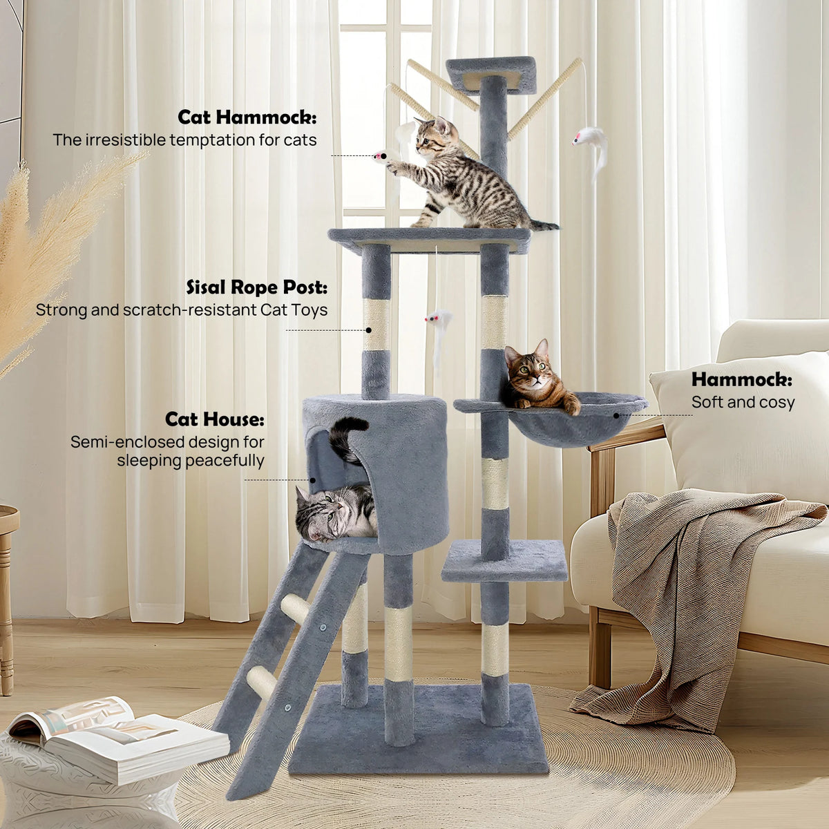 138cm Cat Tree Tower Scratching Posts Multilevel Cat Climbing House with Condos & Ladder Pet Activity Centre for for Indoor Cats Play and Rest, Dark Grey
