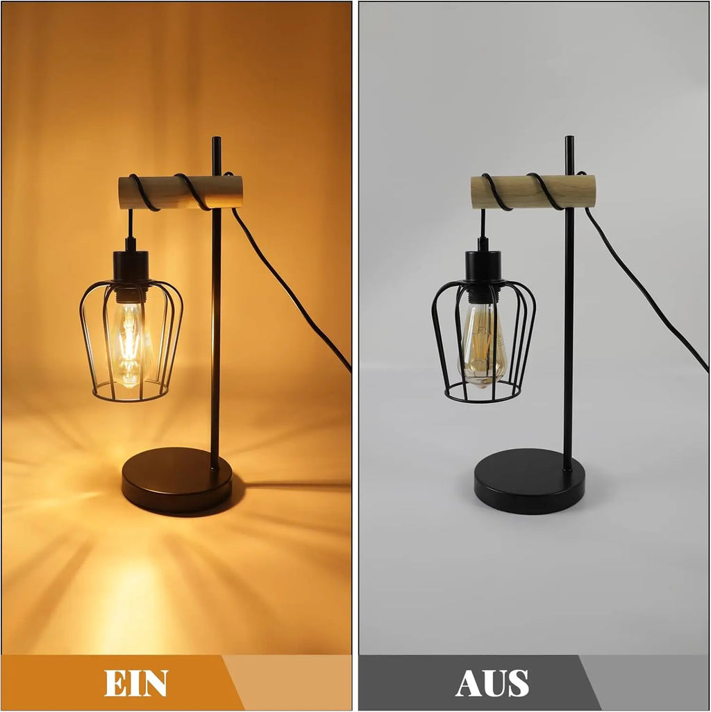 Table lamp living room wood table lamp vintage: black bedside lamp, single-bulb industrial design made of metal, E27 socket, retro bedside lamp for bedroom and hotel – bulb not included