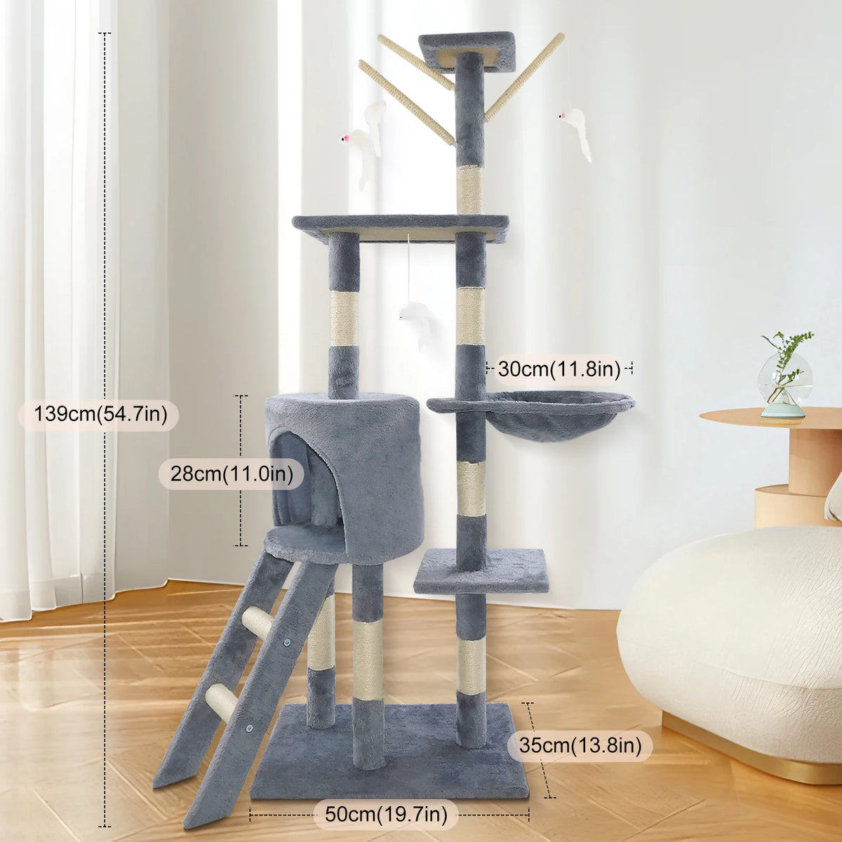 138cm Cat Tree Tower Scratching Posts Multilevel Cat Climbing House with Condos & Ladder Pet Activity Centre for for Indoor Cats Play and Rest, Dark Grey