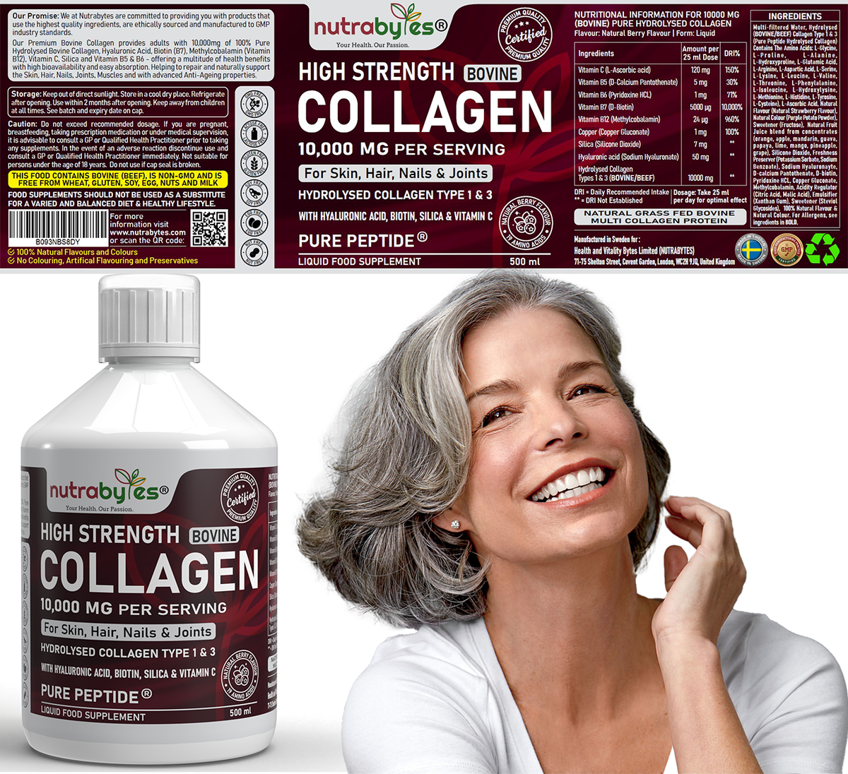 High-Strength Liquid Bovine Collagen Supplement for Women and Men, 10,000 mg Liquid Collagen with Hyaluronic Acid and Vitamin C, 19 Amino Acids, Collagen Types 1 and 3, Berry Flavoured, Halal & Kosher certified