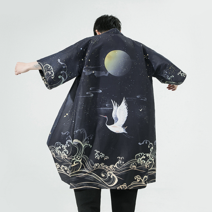 Men's Crane Print Long Cardigan