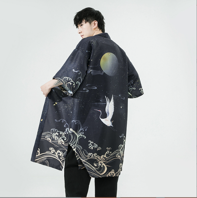 Men's Crane Print Long Cardigan