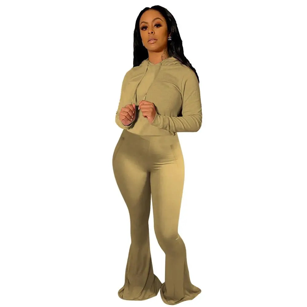 Active Wear Women'S Set Hooded Tops Wide Leg Flare Bell Bottom Pants