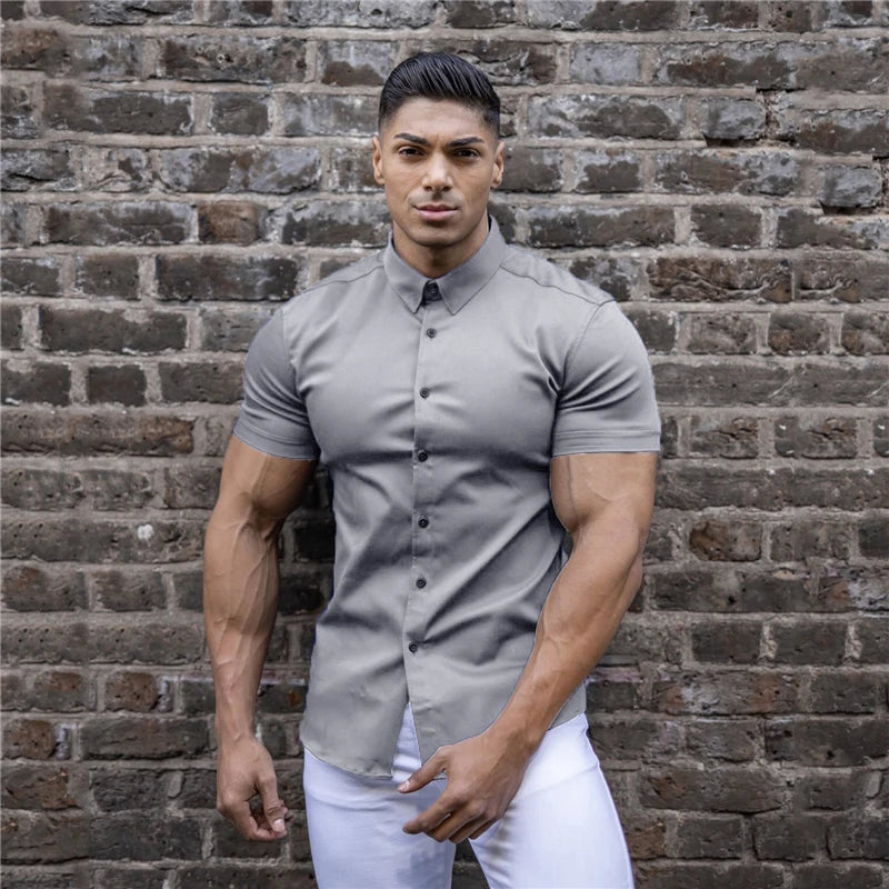 Men's Clothing Summer Gym Fitness Button Short Sleeve Shirts Men Fashion Casual Streetwear Dress Shirt Male Hipster Social Shirt
