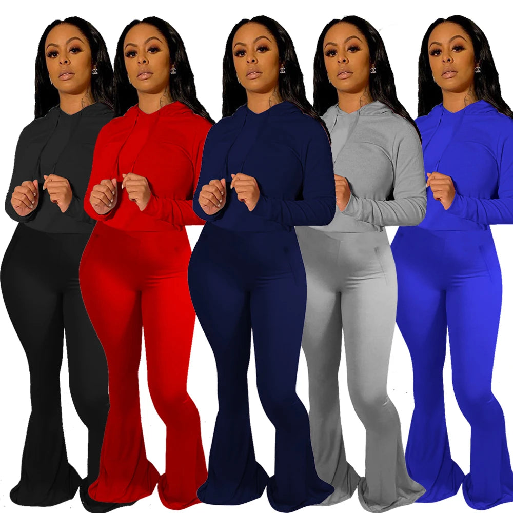 Active Wear Women'S Set Hooded Tops Wide Leg Flare Bell Bottom Pants