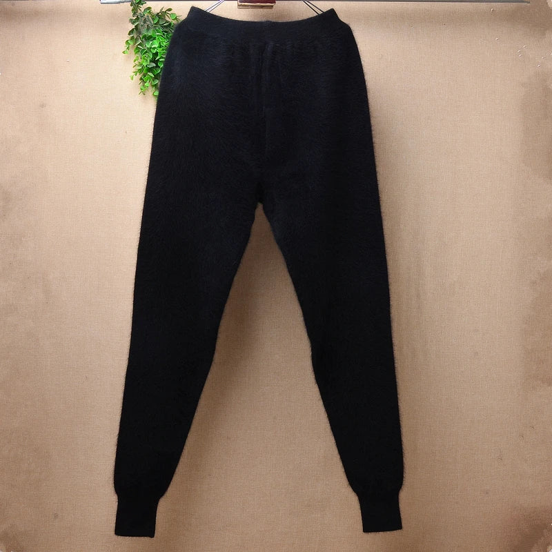 For male man underwear thick warm soft hairy fuzzy angora rabbit hair knitted black mink cashmere trousers winter pants sweater