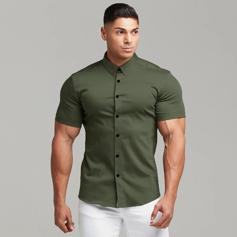 Men's Clothing Summer Gym Fitness Button Short Sleeve Shirts Men Fashion Casual Streetwear Dress Shirt Male Hipster Social Shirt