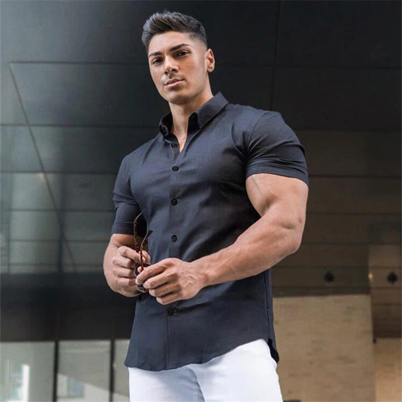 Men's Clothing Summer Gym Fitness Button Short Sleeve Shirts Men Fashion Casual Streetwear Dress Shirt Male Hipster Social Shirt