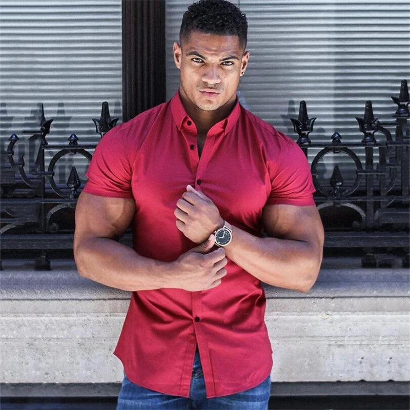 Men's Clothing Summer Gym Fitness Button Short Sleeve Shirts Men Fashion Casual Streetwear Dress Shirt Male Hipster Social Shirt