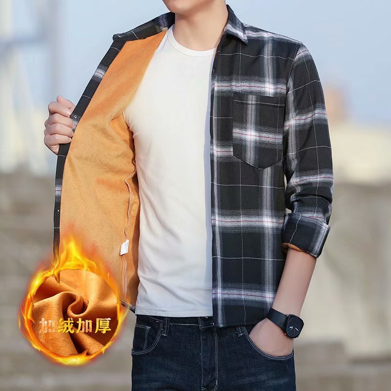 Autumn and Winter Plaid Shirt for Men, Fleece-Lined, Warm and Thickened, Korean-Style Slim-Fit Shirt, Trendy and Stylish Jacket