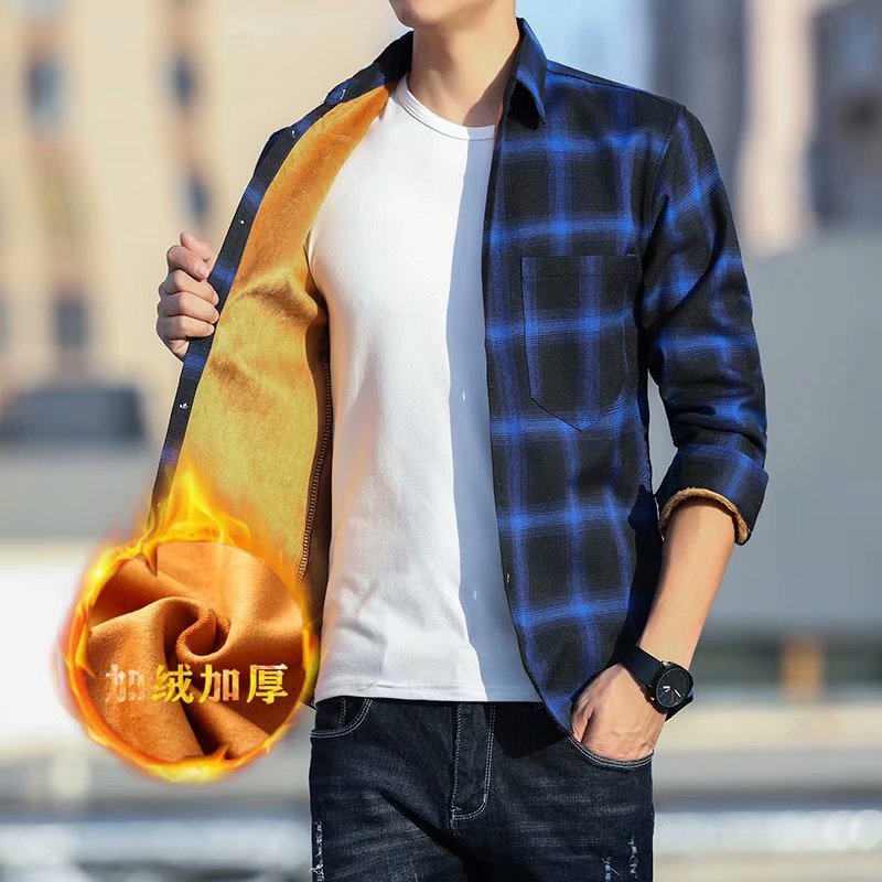 Winter Warm Shirt for Men, Fleece-Lined and Thickened, Youth Plaid Shirt, Korean Style Slim Fit Top, Trendy Brand Versatile Jacket