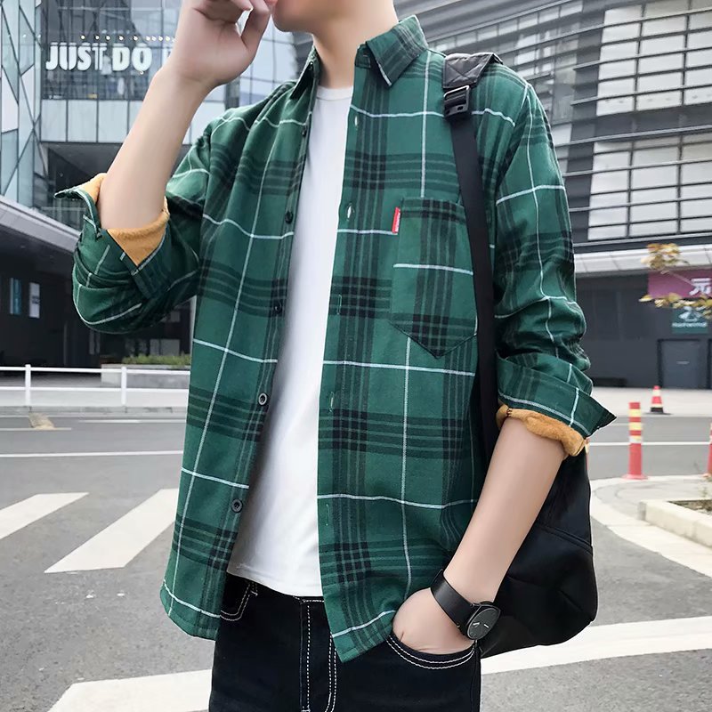 Winter Warm Shirt for Men, Fleece-Lined and Thickened, Youth Plaid Shirt, Korean Style Slim Fit Top, Trendy Brand Versatile Jacket