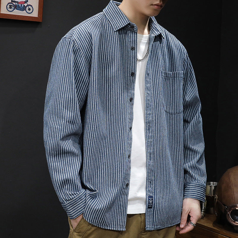 Men's Clothing 2025 New Striped Shirt Jacket Men's Long-Sleeved Casual Top Versatile Denim Shirt Men's Autumn and Winter Style