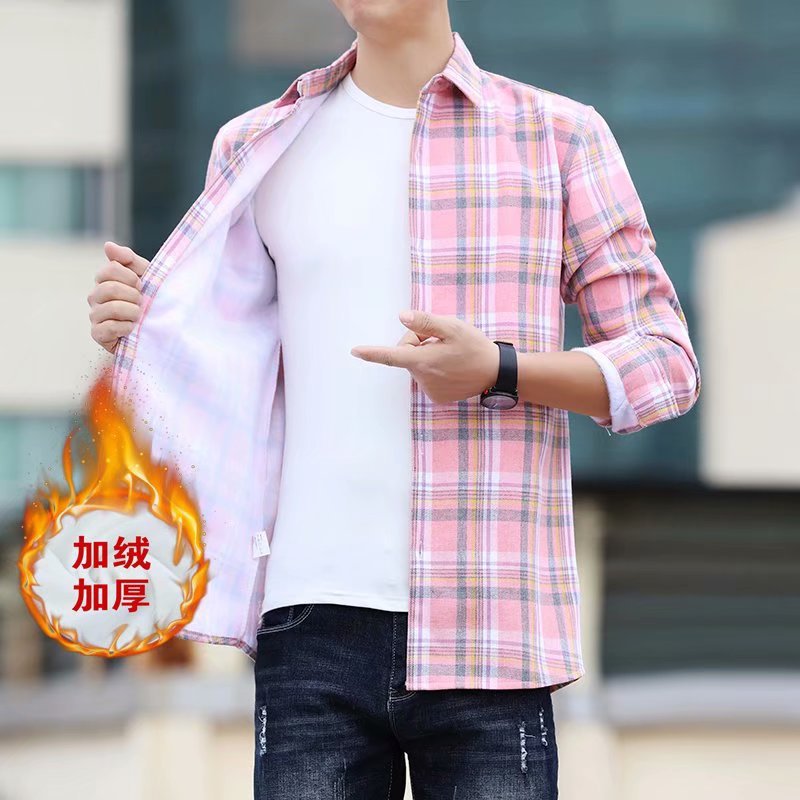 Autumn and Winter Plaid Shirt for Men, Fleece-Lined, Warm and Thickened, Korean-Style Slim-Fit Shirt, Trendy and Stylish Jacket